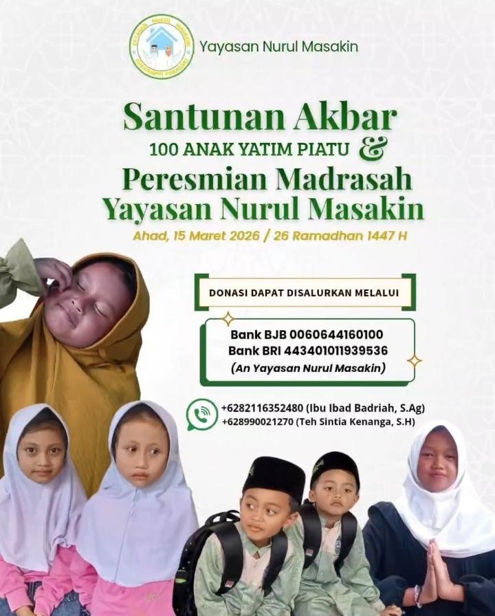 Santunan Akbar 100 Anak Yatim dan Peresmian Madrasah Nurul Masakin Digelar 15 Maret 2026