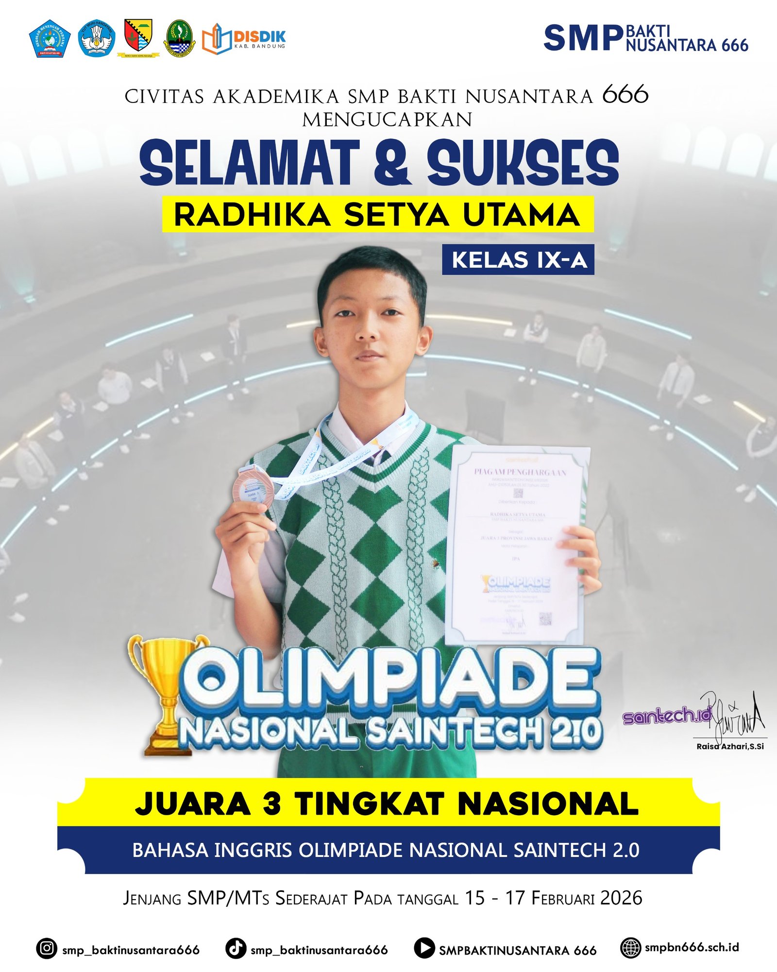 Harumkan Nama Sekolah di Tingkat Nasional, Siswa SMP Bakti Nusantara 666 Raih Juara 3 Olimpiade Saintech 2.0