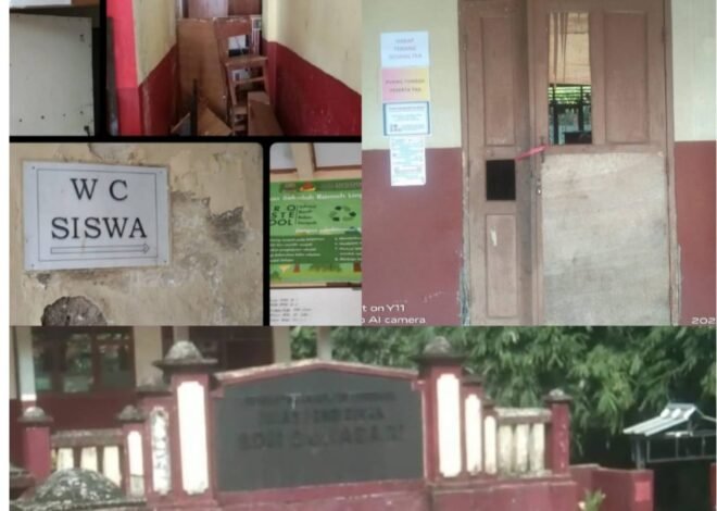 Dibalik Spanduk Bertuliskan “Zero Waste School” dan “Toilet Sehat & Bersih” Terdapat Beberapa WC Siswa Tak Berpungsi. Miris Bagian Atap Bangunan Menjadi Santapan Rayap.