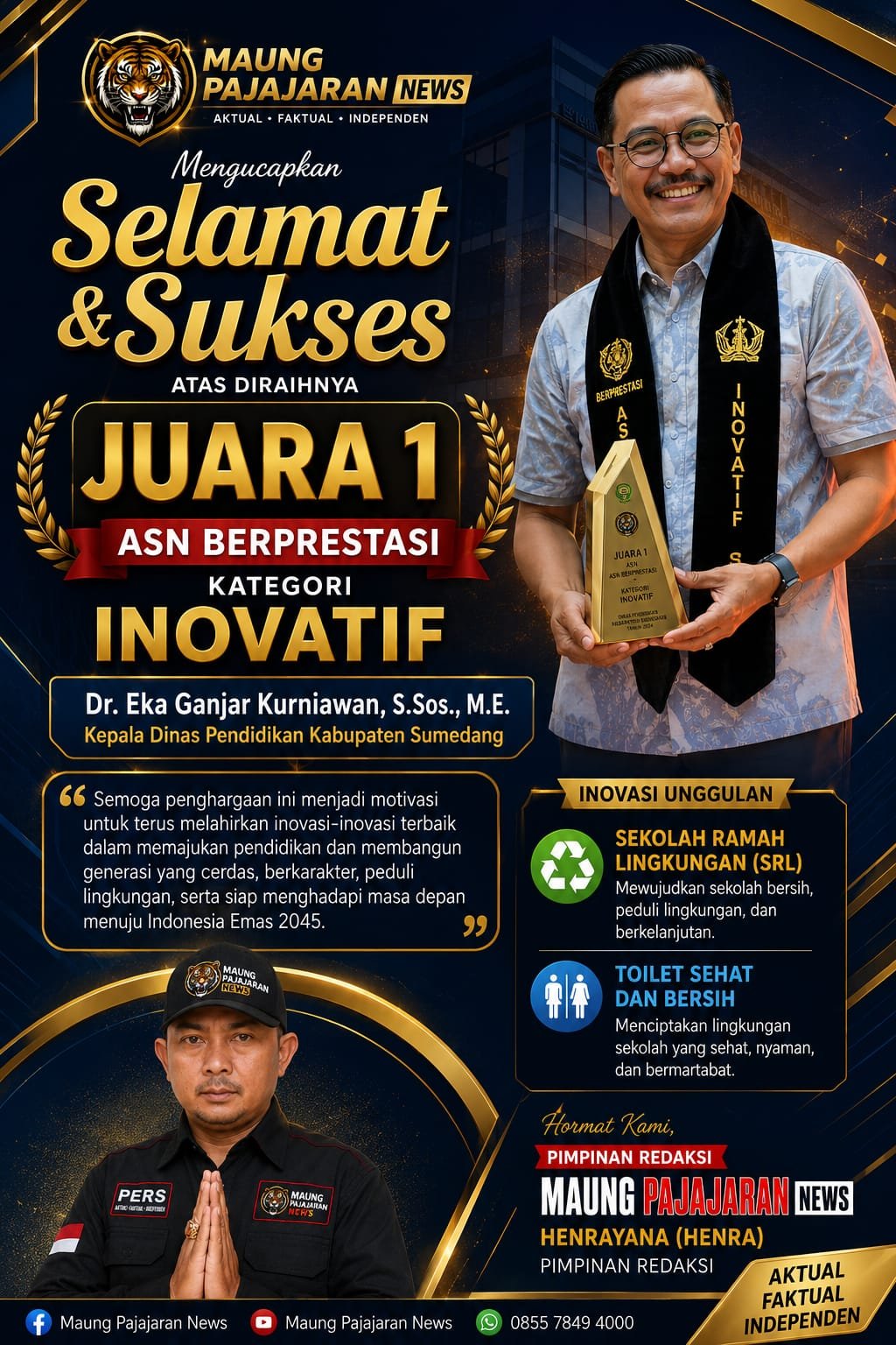 Kadisdik Sumedang Raih Juara 1 ASN Berprestasi Kategori Inovatif, Maung Pajajaran News Berikan Apresiasi atas Dedikasi Membangun Pendidikan Berkarakter