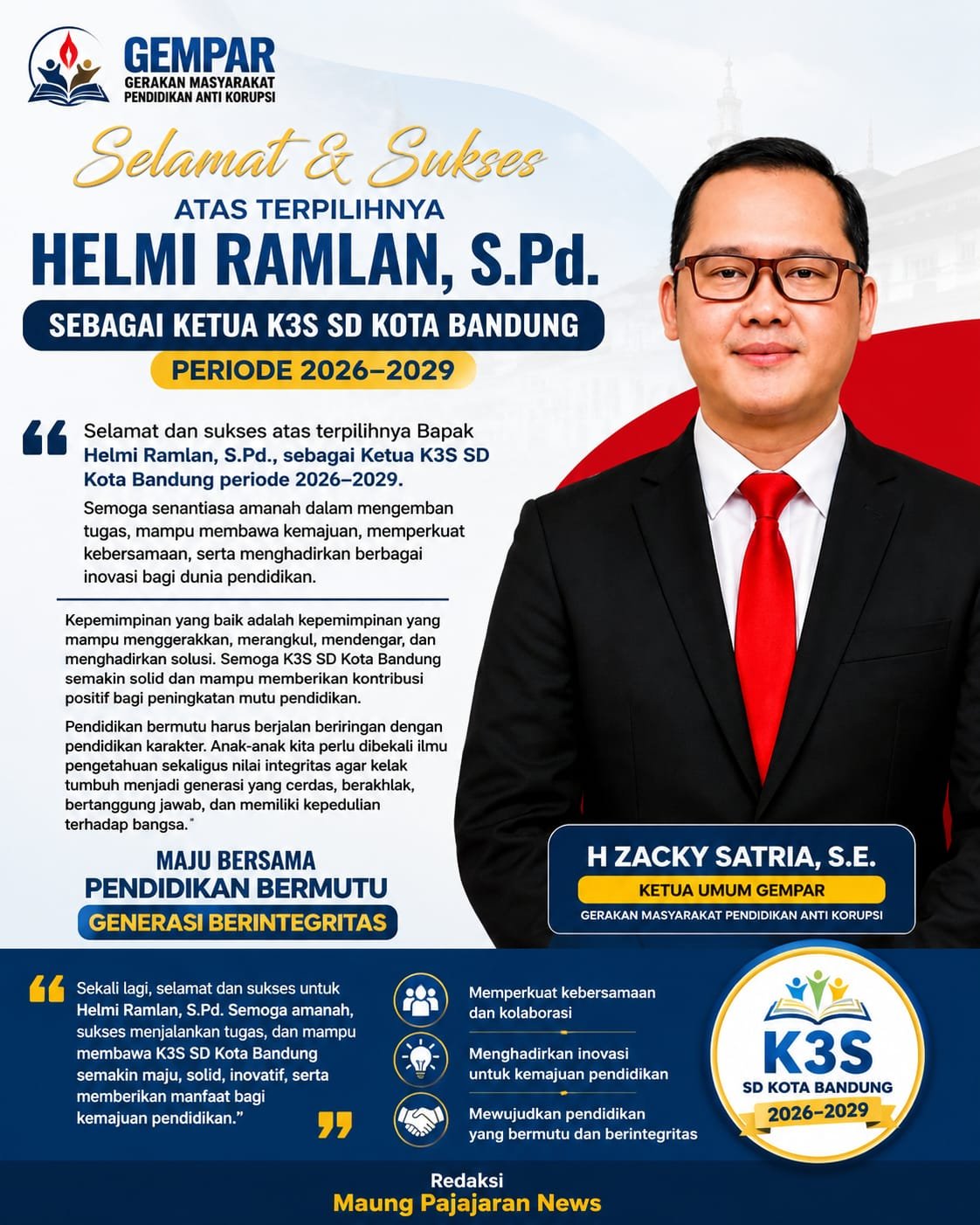 H Zacky Satria Apresiasi Helmi Ramlan Terpilih Pimpin K3S SD Kota Bandung 2026–2029