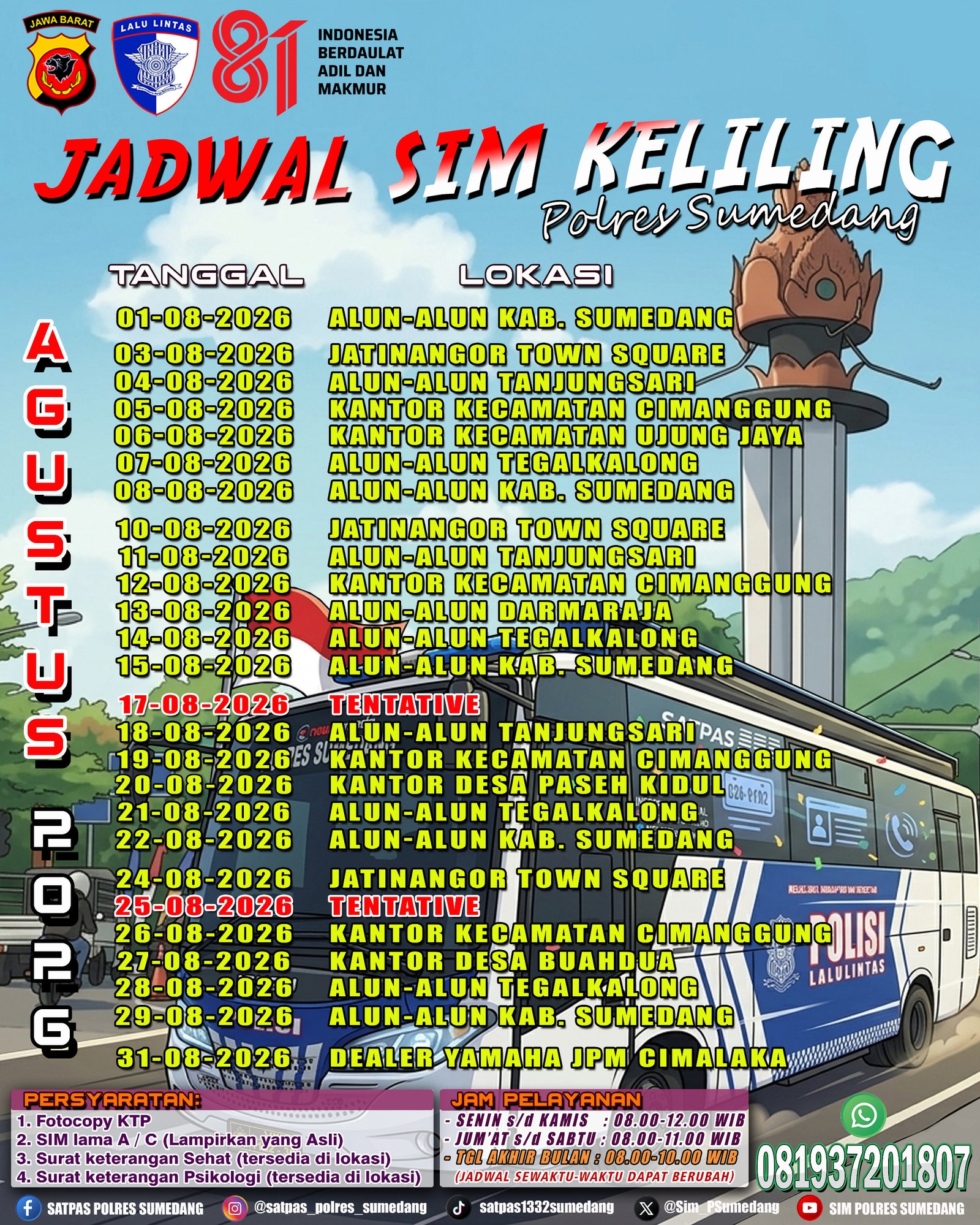 Layanan SIM Keliling Polres Sumedang Hadir di Berbagai Wilayah Selama Agustus 2026, Catat Jadwal dan Persyaratannya